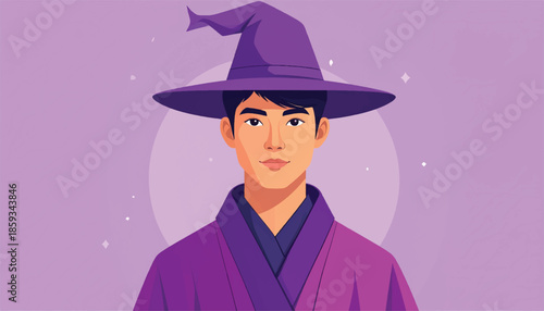 Illustration of a young man wearing a wizard hat and robe.