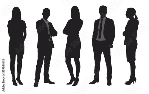 Silhouettes of five diverse business professionals standing side by side in formal attire, symbolizing teamwork, corporate diversity and workplace unity