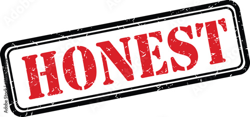 A rectangular stamp boldly displaying the word honest in vibrant red letters with black outline