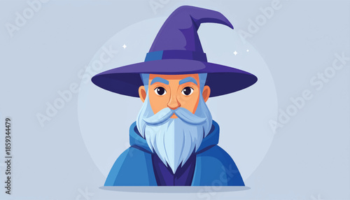 Cartoon Wizard Portrait with Pointed Hat and White Beard.