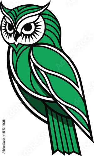 Stylized green owl vector illustration in modern decorative line art style symbolizing wisdom nature and nocturnal wildlife