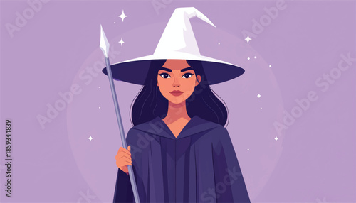 Confident Witch with Spear and Pointed Hat Illustration.