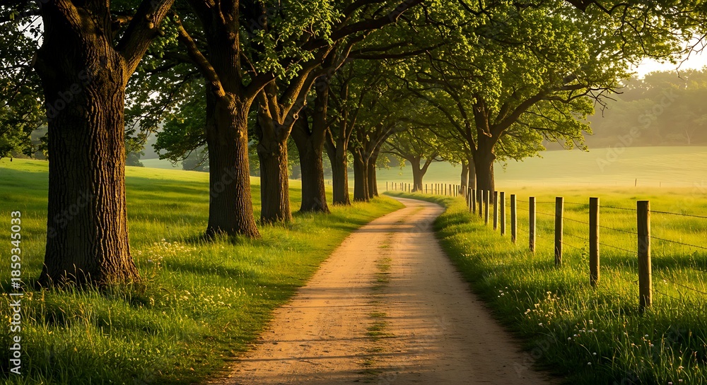 Fototapeta premium Sunlit Dirt Path Lined with Trees and Fence in a Grassy Field dirt road country road
