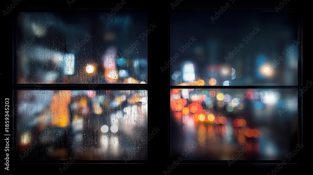 Naklejka premium Rainy night city window