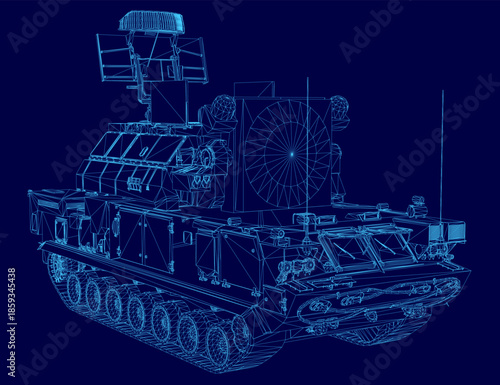 A detailed 3D blueprint of a military anti-aircraft missile system tank, featuring the turret, tracks, and complex mechanical components on a solid blue background.