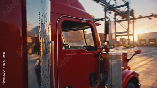 A truck driver navigates a cargo port, framed from the cab with harbor cranes and containers in view