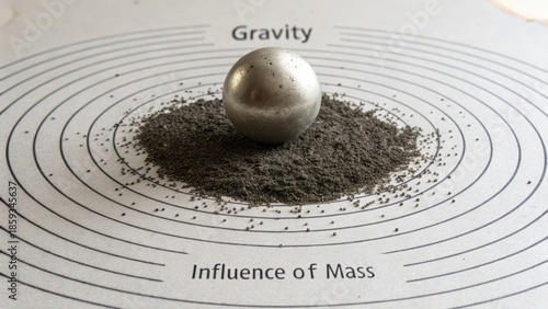 A single metallic sphere representing gravity's influence of mass resting on a circular patterned surface with text.