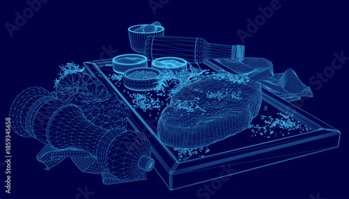 A 3D wireframe illustration of a steak on a cutting board with utensils, surrounded by bowls and bottles on a deep blue background.