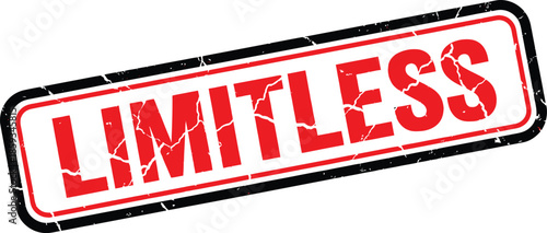 A rectangular stamp with a bold red limitless inscription and a distressed black and white border is prominently displayed