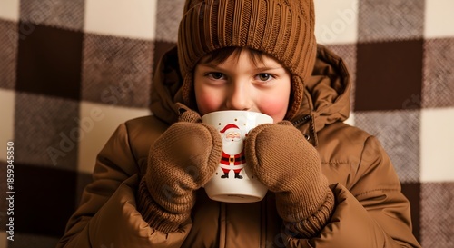 Cozy child in brown winter jacket, hat, and mittens holding festive Santa mug close to face, sipping hot chocolate and smiling softly against warm plaid blanket backdrop on a chilly holiday afternoon 