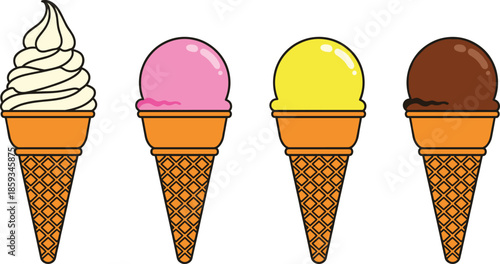 Ice cream cone flavors set with vanilla strawberry lemon and chocolate scoops in colorful cartoon style for dessert menu design