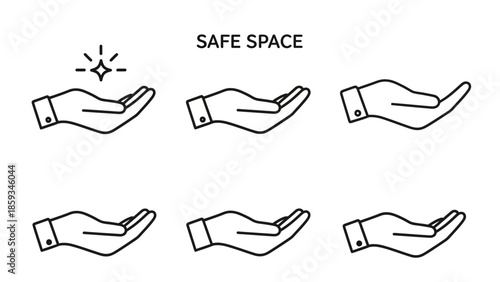 Conceptual graphic set with open hand gestures, illustrating the fundamental principles of a safe space for support, trust, and community connection