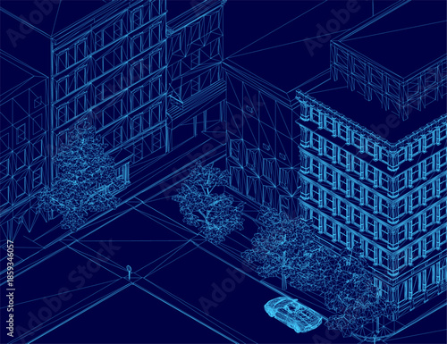 A wireframe building blueprint features a parked car on a city road, surrounded by mature trees. Isometric view
