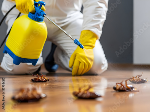 Professional pest control technician spraying insecticide to eliminate cockroaches