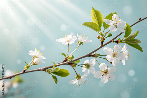 Soft White Spring Blossoms on Pastel Blue Background