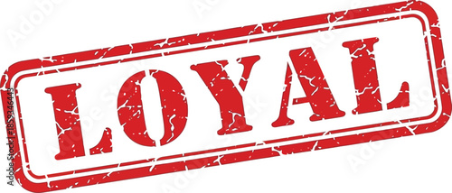 A rectangular red stamp with the word loyal prominently displayed in bold white capital letters on a white background
