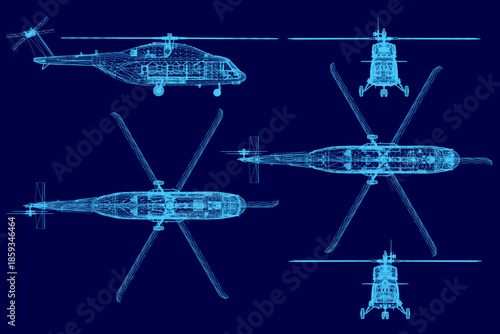 Blueprint wireframe illustration of four military helicopters on a blue background, displaying detailed aircraft schematics and technical design.