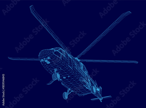 A detailed military helicopter 3D wireframe model rotates on a solid blue background, showcasing its complex engineering and structural design.
