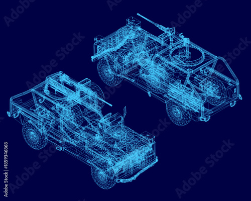 A military vehicle blueprint on a blue background reveals detailed wireframe design, machine components, and mounted gun placements. Isometric view