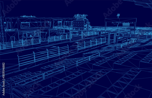 A wireframe blueprint of a factory building features numerous windows and a perimeter fence against a blue background.