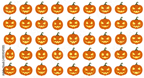 Vibrant grid pattern of orange Halloween pumpkins, each with a carved Jack-o'-lantern face. Perfect for spooky season backgrounds, autumnal digital designs, and festive graphic projects