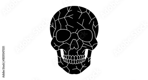 Striking black skull illustration featuring intricate cracked texture and stark contrast, a powerful graphic symbol of resilience, mortality, and unique artistic design