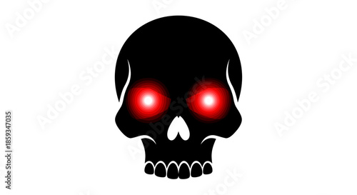Striking digital illustration of a menacing black skull with intense, glowing red eyes, set against a stark white background, evoking a sense of danger and dark power