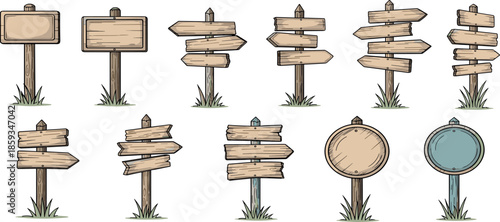 Collection of various wooden signs and boards standing in grassy areas from a direct viewpoint