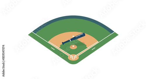 Overhead view vector art of a green baseball diamond with infield and a bat, ideal for athletic and team sport concepts, graphic design elements, and game interface icons
