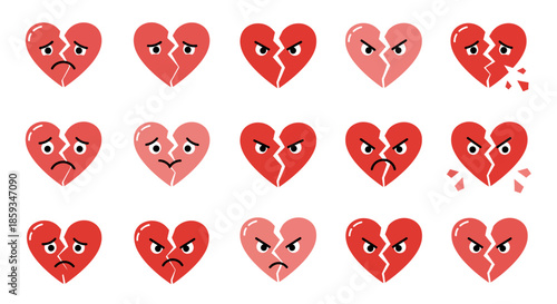 A comprehensive vector collection of broken heart icons, each distinctly illustrating various stages of emotional distress and relationship turmoil, from subtle sadness to profound anger and confusion