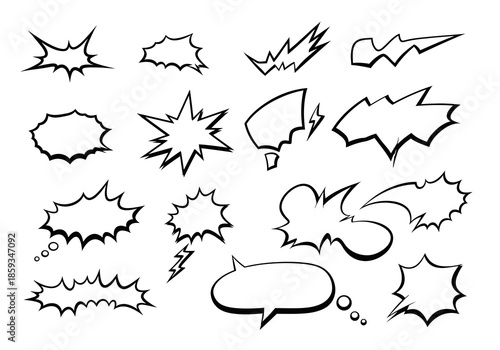Collection of dynamic comic book speech bubbles and thought balloons for dialogue and sound effects