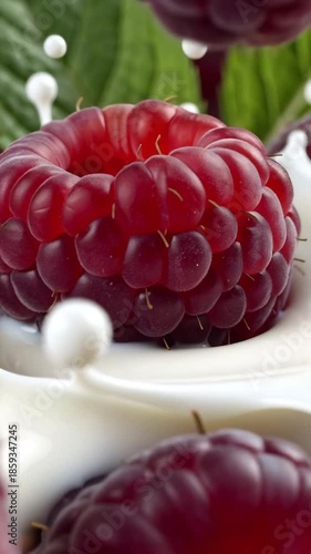 Delicious appetizing raspberries in white yogurt drops