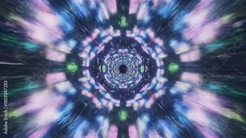 A vibrant, psychedelic kaleidoscopic tunnel with a sense of infinite motion.