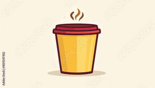 Illustration of a Yellow Coffee Cup with Red Lid and Steam.