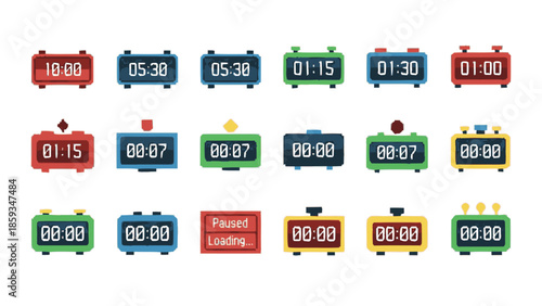 Collection of various digital clocks and timers displaying different times and countdowns.