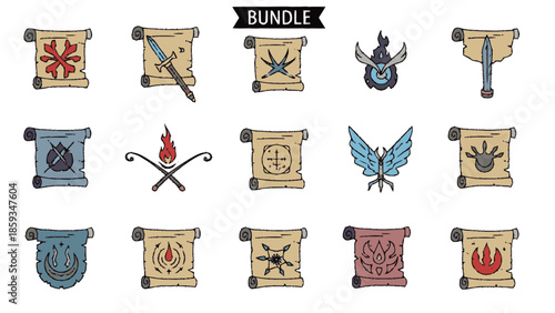 Fantasy Game Scroll Icons Bundle Hand Drawn Collection.