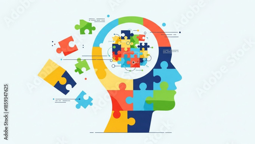 A creative conceptual illustration of a human head with puzzle pieces, symbolizing problem solving, innovation, and mental clarity, with a mix of colorful jigsaw