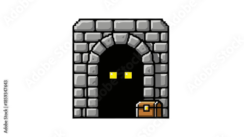 Pixel Art Dungeon Entrance with Glowing Eyes and Treasure Chest.