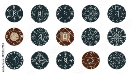 Set of ancient runic symbols and magical amulets.
