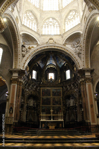 Altar and tabernacle of Valencia Cathedral, featuring historic Gothic and Baroque religious architecture, taken in July 2024.