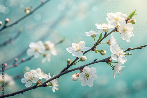Soft White Spring Blossoms on Pastel Blue Background