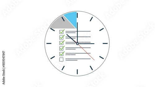 A clock face with a checklist and colored sections on white background for time management and organization