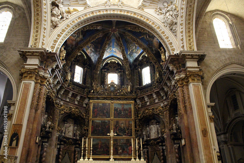Altar and tabernacle of Valencia Cathedral, featuring historic Gothic and Baroque religious architecture, taken in July 2024.