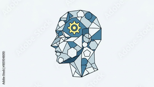 Low poly human head with gear inside brain, representing artificial intelligence and cognitive technology