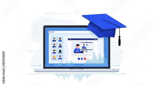 Online education, e learning, virtual classroom, remote learning, digital literacy, computer screen, graduation cap, laptop, people, video conference, webinar