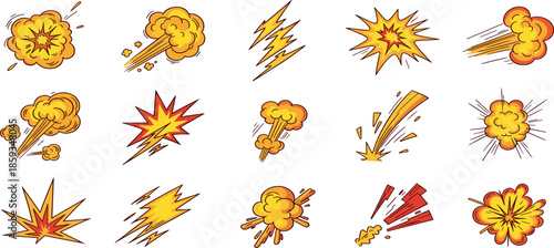 Collection of cartoon-style explosion graphics with varying effects and motions.