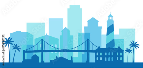 Modern Flat Silhouette Cityscape with Bridge Palm Tree and Lighthouse Illustration