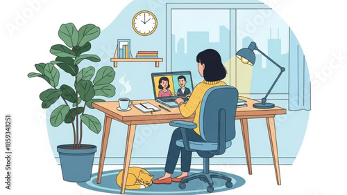 Woman working from home on laptop with video call, cat sleeping under desk, office setup with plant, clock, books, and lamp on wooden desk in modern home