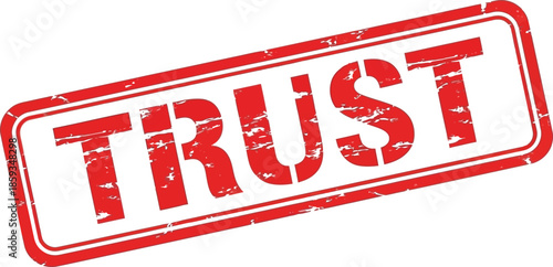 A striking image featuring a bold red rectangular stamp prominently displaying the word trust in capital letters