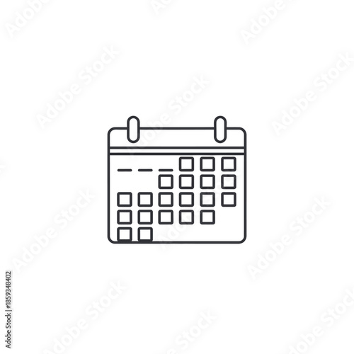 Simple line art icon of a calendar with squares representing days, against a white background.